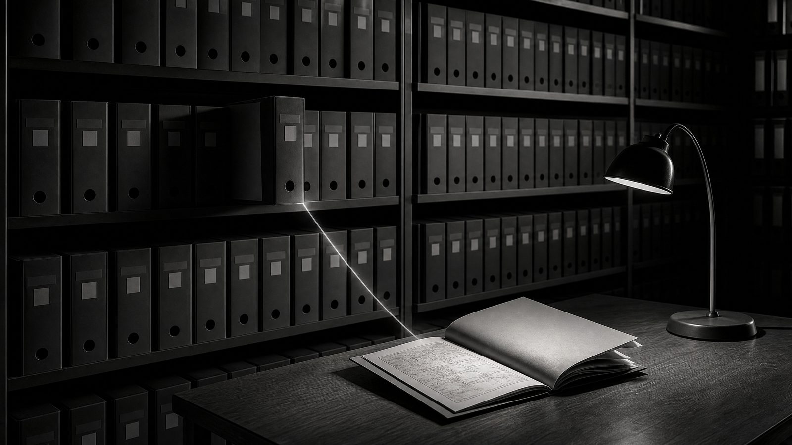 Archive binders on shelves with one open document on a desk, representing a cited and traceable AI answer.