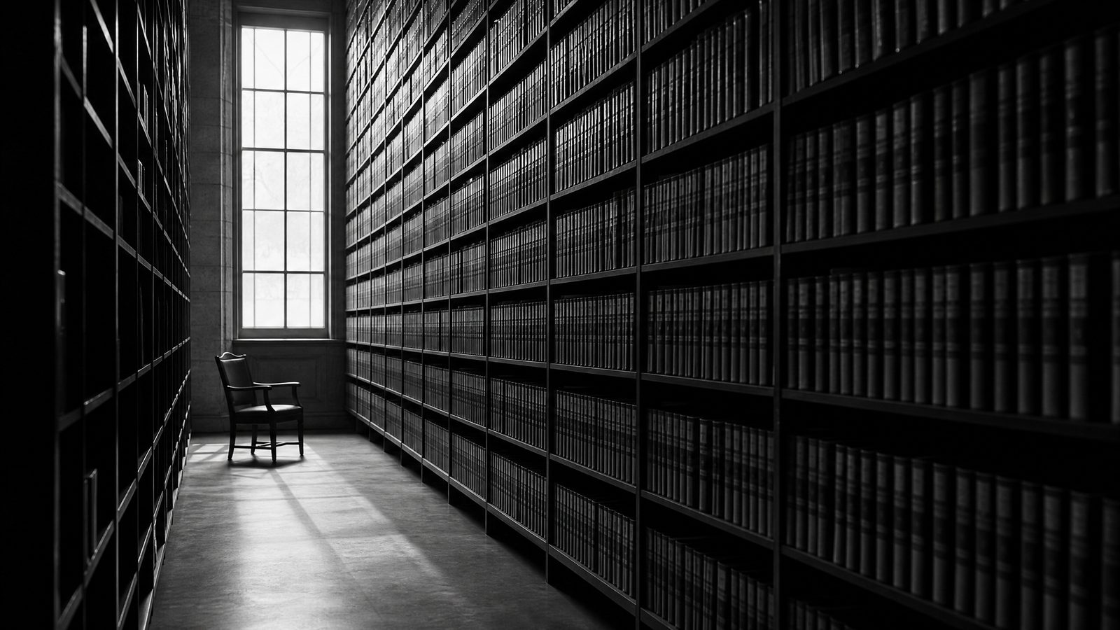 Tall receding shelves of bound documents with a single empty chair, representing the hidden cost of document burden.