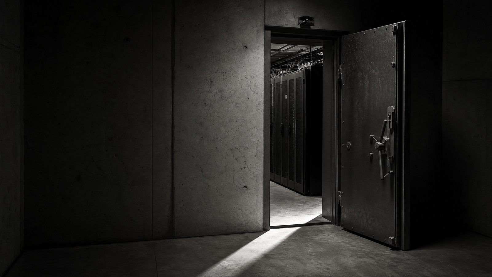 Vault door opening into a secure server room, representing data sovereignty.